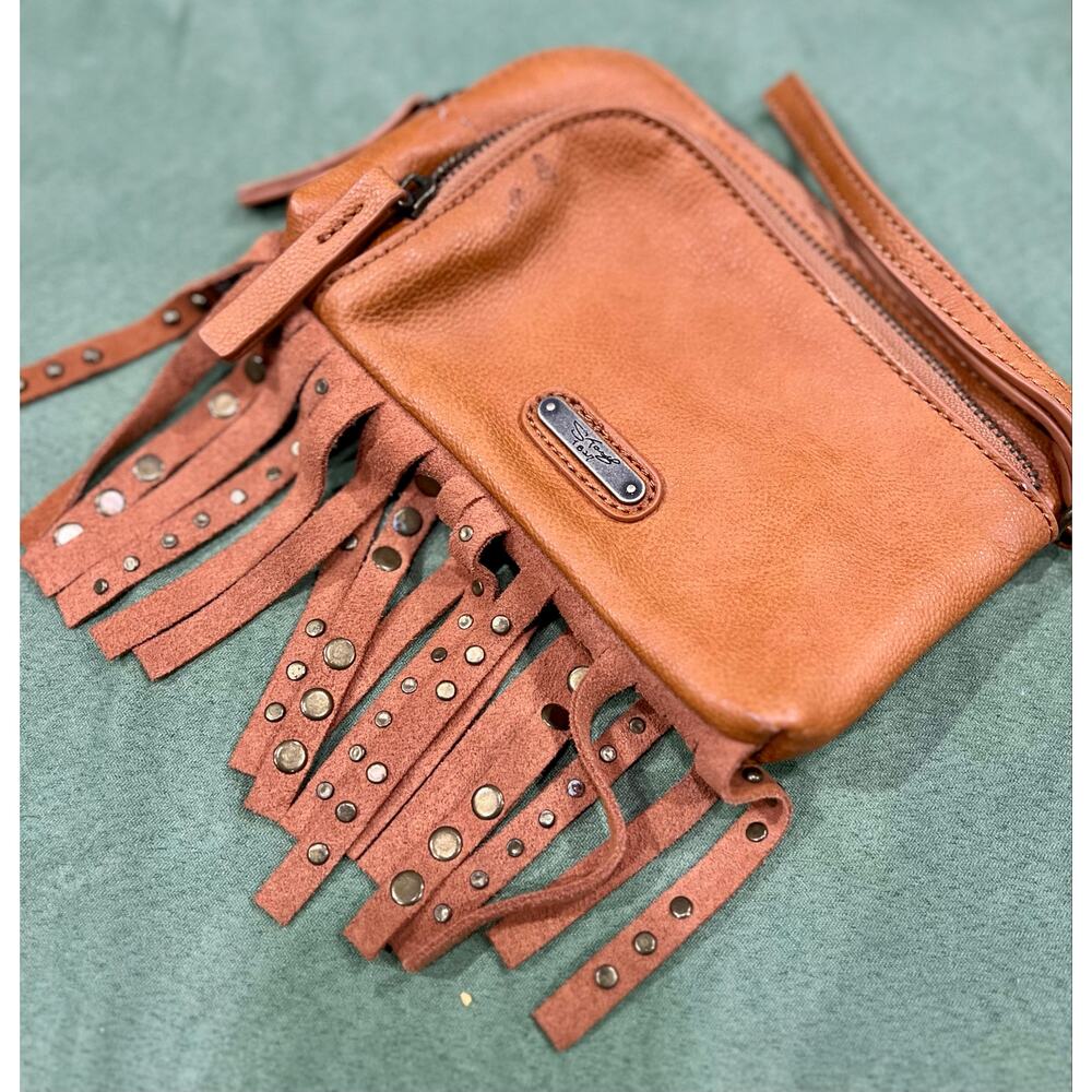 Vintage Sharif Brown/Tan Wristlet Wallet Clutch w/ Suede Fringe Studded Tassels - Picture 2 of 8